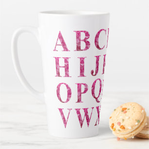 Elegant English Alphabet in Pink Floral Lettering Latte Mug