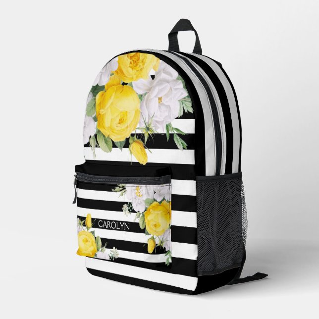 Elegant English Yellow Roses Black White Stripes Printed Backpack (Back Corner Right)