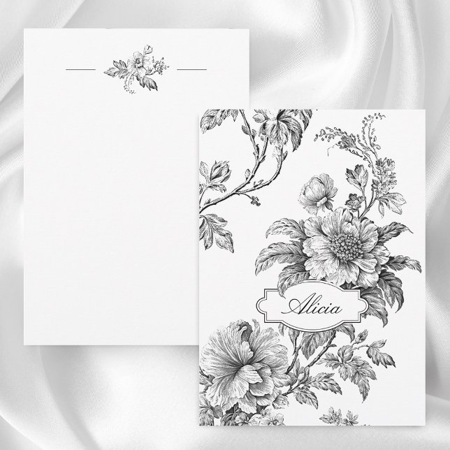 Elegant Engraved B&W Floral w/Name or Monogram Card (Creator Uploaded)