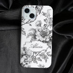 Elegant Engraved B&W Floral w/Name or Monogram iPhone 15 Mini Case<br><div class="desc">This elegant and unique design features classic vintage-style delicately engraved flowers,  vines and leaves in black on white background with custom oval label for your name or monogram.</div>