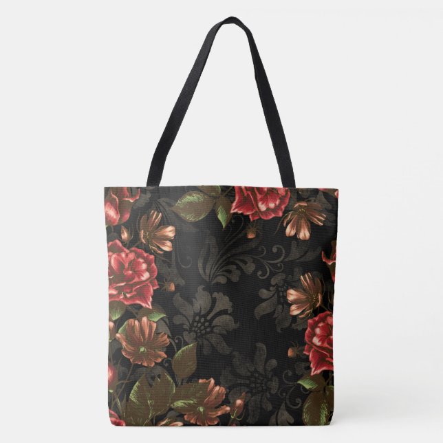 Elegant Engraved Black Vintage Floral Tote Bag (Front)
