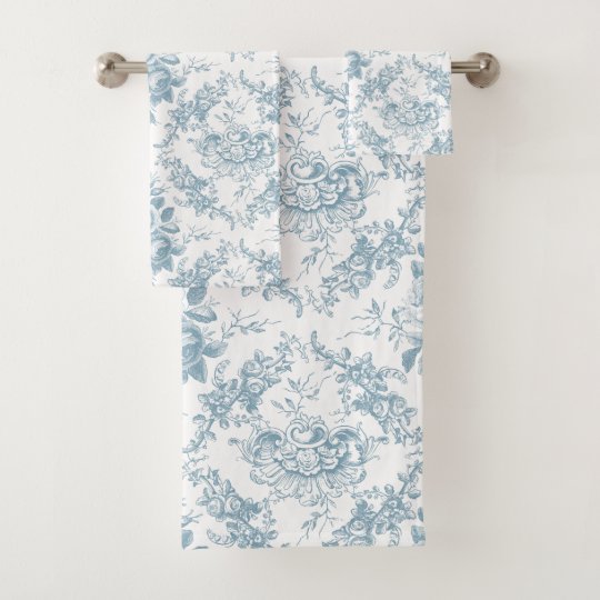 Elegant Engraved Blue and White Floral Toile Bath Towel Set Zazzle.co.uk
