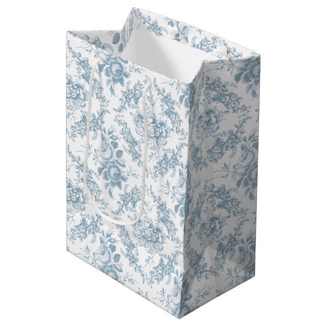 Elegant Engraved Blue and White Floral Toile Medium Gift Bag (Front Angled)