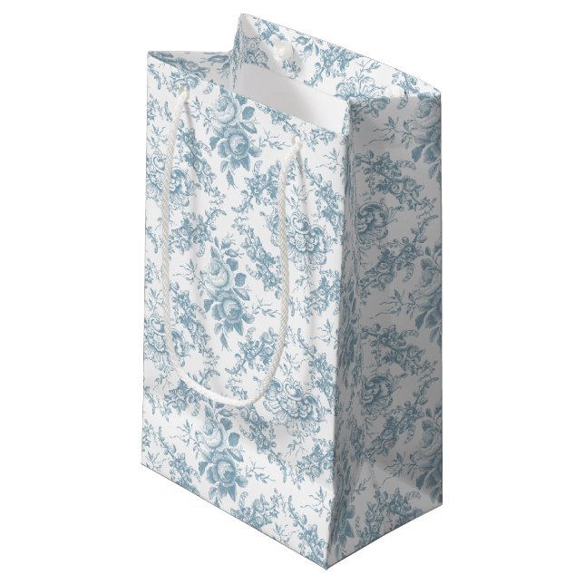 Elegant Engraved Blue and White Floral Toile  Small Gift Bag (Front Angled)