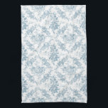 Elegant Engraved Blue and White Floral Toile Tea Towel<br><div class="desc">Elegant vintage inspired engraved dusty blue floral toile pattern featuring roses,  vines and scrolls on a white background. Seamless pattern can be scaled up or down.</div>