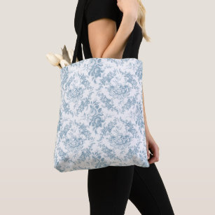 Elegant Engraved Blue and White Floral Toile Tote Bag