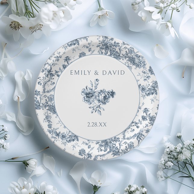 Elegant Engraved French Blue Floral Toile Paper Plate (Creator Uploaded)