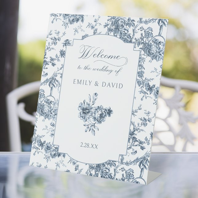 Elegant Engraved French Blue Floral Toile Pedestal Sign (Creator Uploaded)