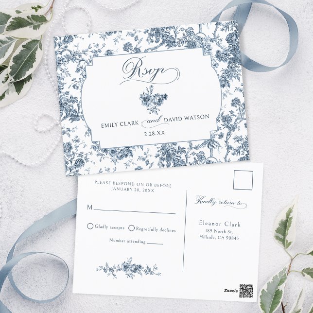 Elegant Engraved French Blue Floral Toile Postcard (Creator Uploaded)
