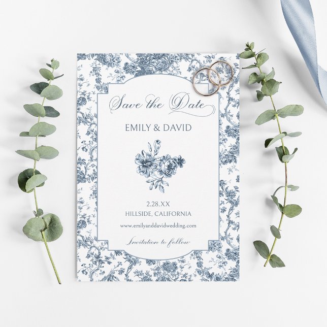Elegant Engraved French Blue Floral Toile Save The Date (Creator Uploaded)
