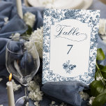 Elegant Engraved French Blue Floral Toile Table Number<br><div class="desc">Elegant and ornate vintage blue and white toile de jouy background pattern featuring exotic flowers, vines and foliage intertwined with garlands and baskets of roses with custom sculpted label, elegant script text graphic, floral bouquet and editable text field for your table number. Shop matching products in Collections at the Grafixmom...</div>