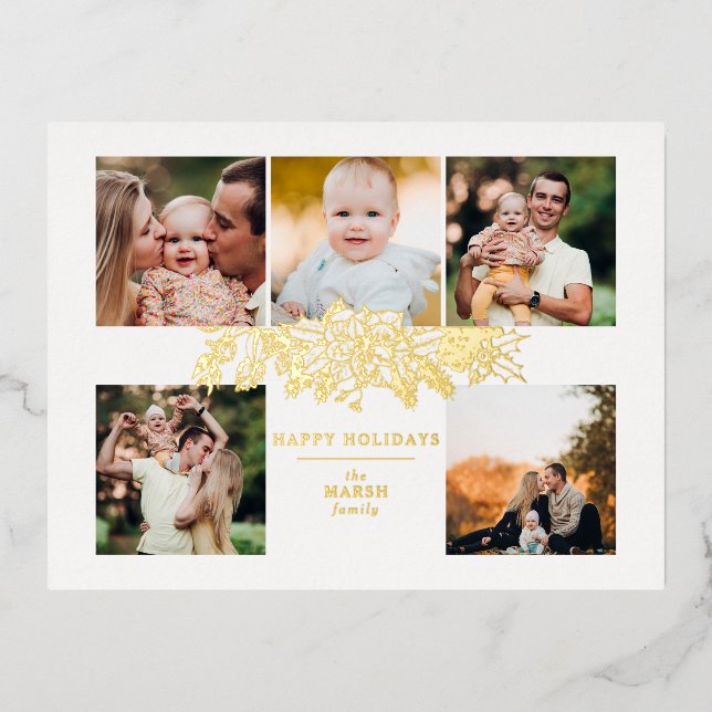 Elegant Engraved Gold Christmas Floral 5-Photo Foil Holiday Postcard (Front)