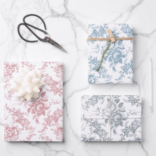 Elegant Engraved Pastel Floral Toile Wrapping Paper Sheet (Front)