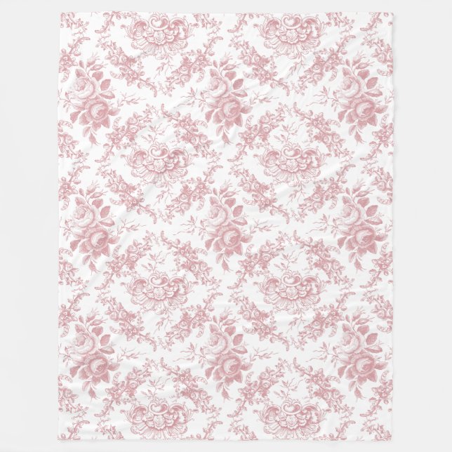 Elegant Engraved Pink and White Floral Toile Fleece Blanket (Front)