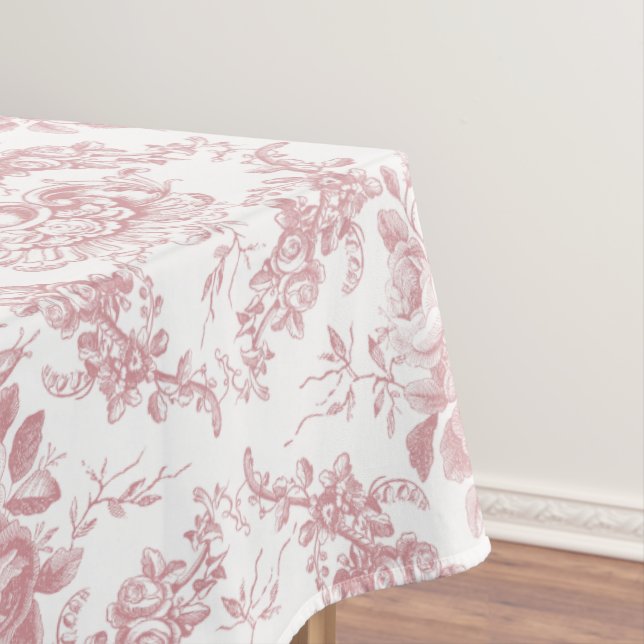 Elegant Engraved Pink and White Floral Toile Tablecloth (In Situ)