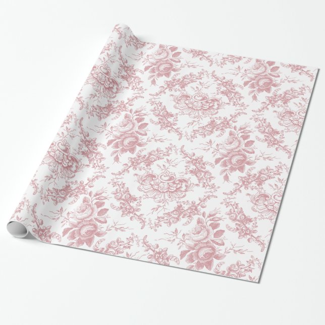 Elegant Engraved Pink and White Floral Toile Wrapping Paper (Unrolled)
