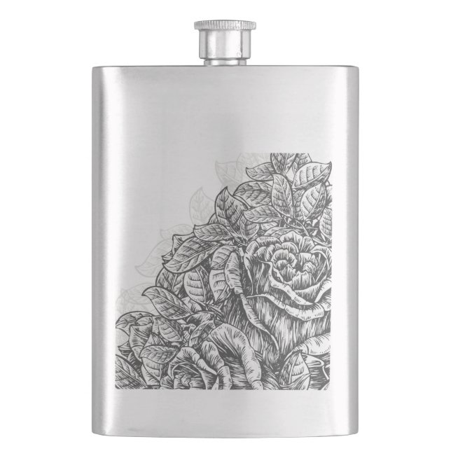 Elegant Engraved Roses Hip Flask (Front)
