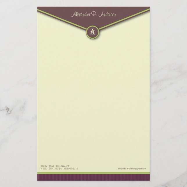 Elegant Envelope (eggplant) Monogram Stationery (Front)
