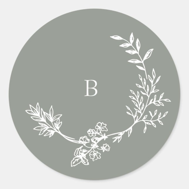 Elegant Envelope Sage Green Floral Monogram Wreath Classic Round Sticker (Front)