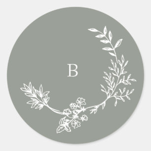 Elegant Envelope Sage Green Floral Monogram Wreath Classic Round Sticker