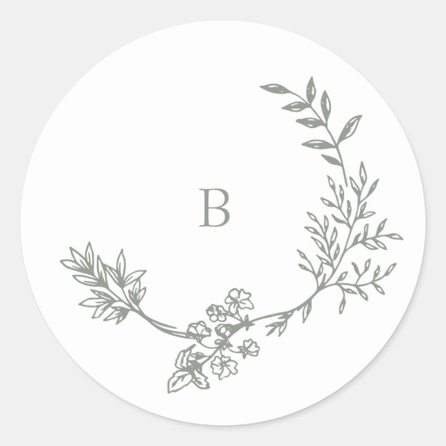 Elegant Envelope Sage Green Floral Monogram Wreath Classic Round Sticker (Front)