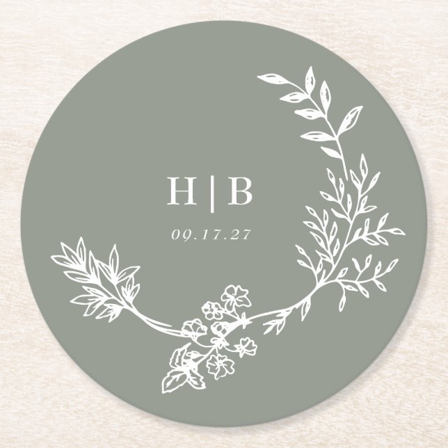 Elegant Envelope Sage Green Floral Monogram Wreath Round Paper Coaster (Front)