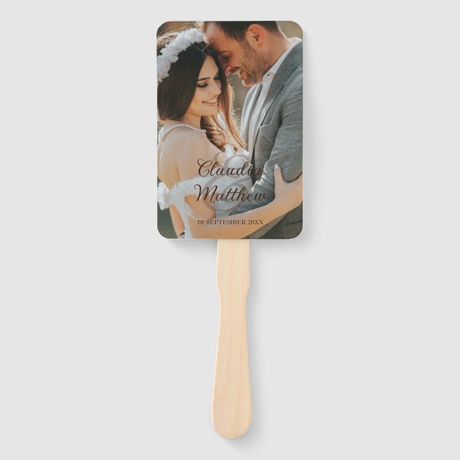 Elegant Espresso & Silver Script Wedding Program Hand Fan (Front)