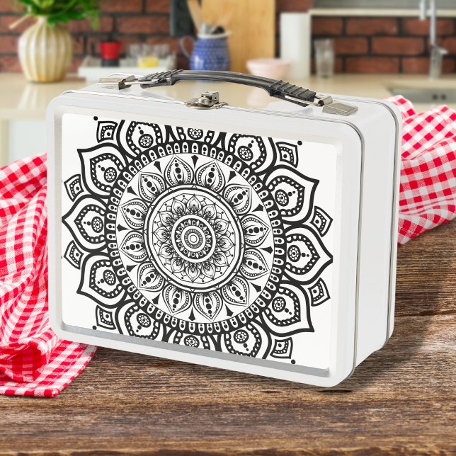 Elegant Ethnic Black Floral Mandala Pattern   Metal Lunch Box ( Discover our unique metal lunch boxes - featuring outstanding ethnic, mandala-inspired artwork )