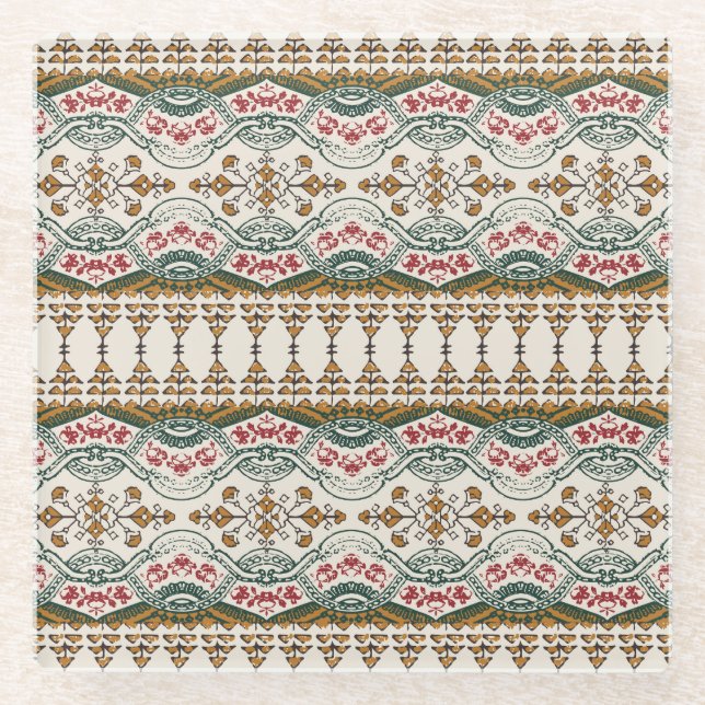Elegant Ethnic Floral Boho Border Glass Coaster (Front)