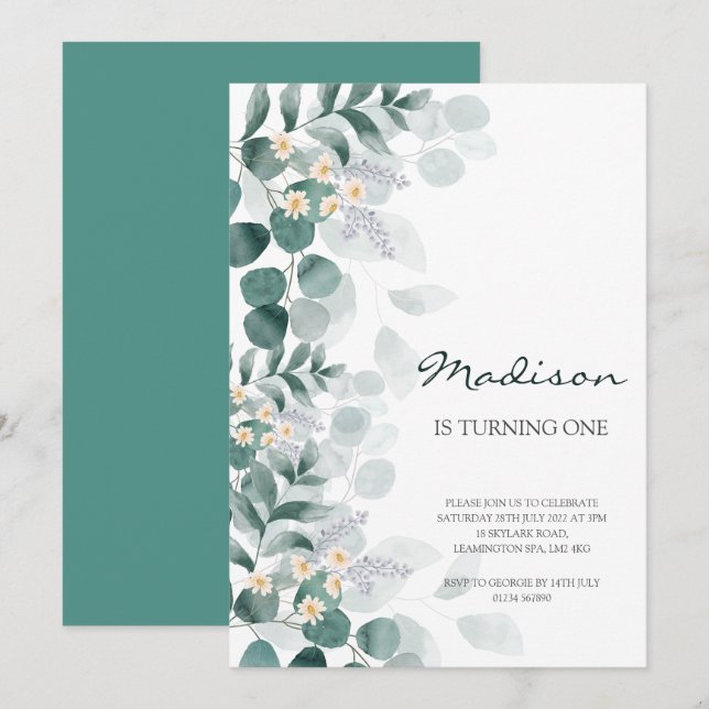 Elegant eucalyptus 1st birthday invitation  (Front/Back)