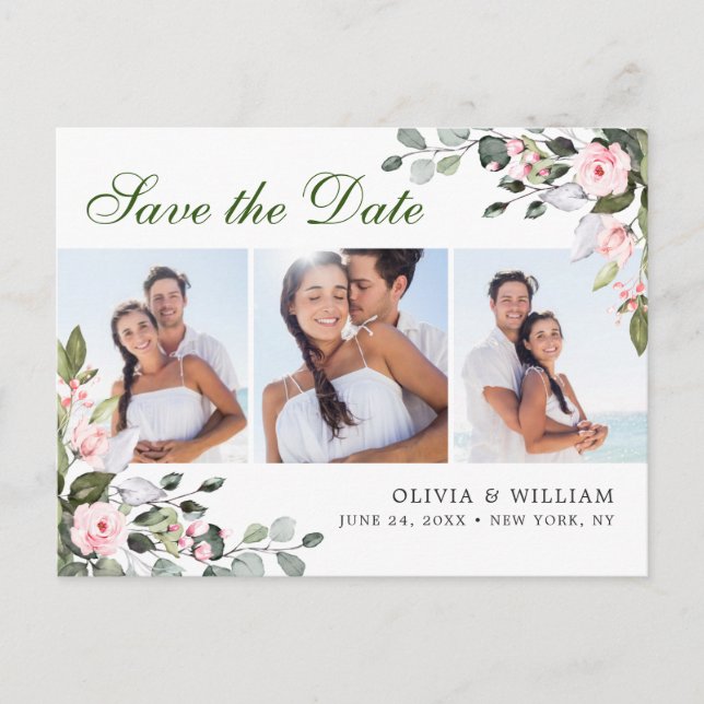 Elegant Eucalyptus 3 PHOTO Wedding Save the Date Postcard (Front)
