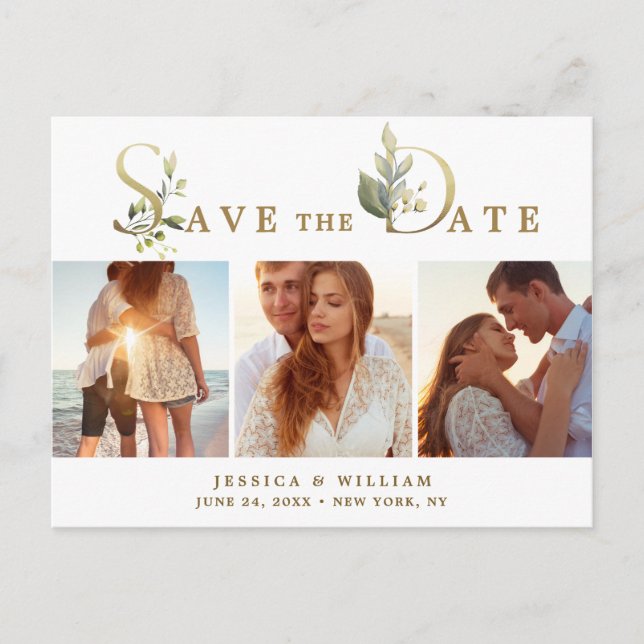 Elegant Eucalyptus 3 PHOTO Wedding Save the Date Postcard (Front)