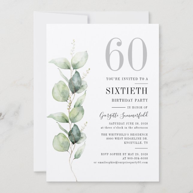Elegant Eucalyptus 60th Birthday Party Invitation (Front)