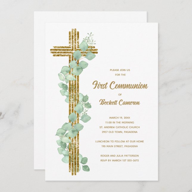 Elegant Eucalyptus and Cross First Communion Invitation (Front/Back)