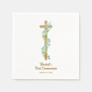 Elegant Eucalyptus and Cross First Communion Napkin