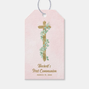Elegant Eucalyptus and Cross Pink First Communion Gift Tags