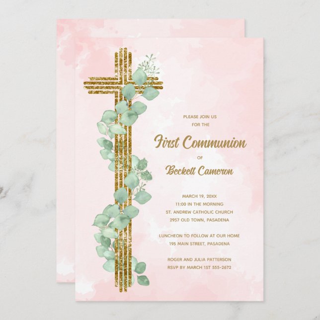 Elegant Eucalyptus and Cross Pink First Communion Invitation (Front/Back)