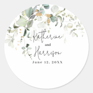 Elegant Eucalyptus and Gold Greenery Wedding  Clas Classic Round Sticker