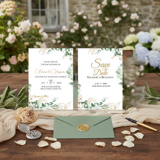 Elegant Eucalyptus and Gold Greenery Wedding Invitation