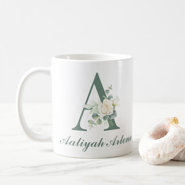Elegant Eucalyptus and Rose Custom Initial A  Coffee Mug (With Donut)