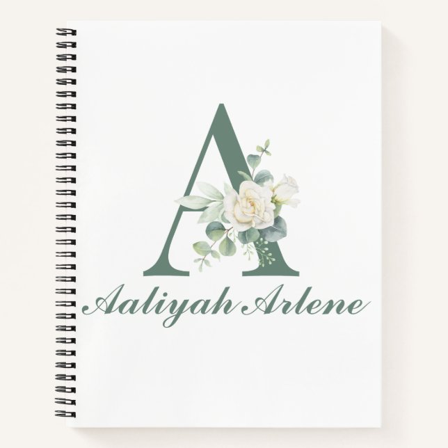 Elegant Eucalyptus and Rose Custom Initial A  Notebook (Front)