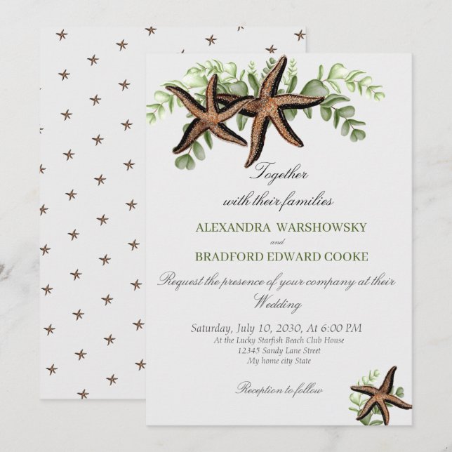 Elegant Eucalyptus and Starfish Wedding Invitation (Front/Back)