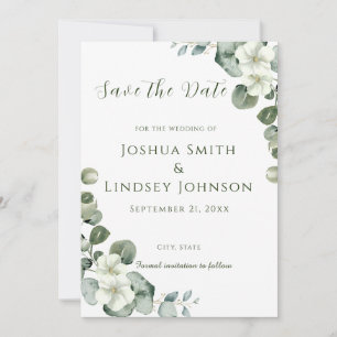 Elegant Eucalyptus and White Blossom Wedding Save The Date