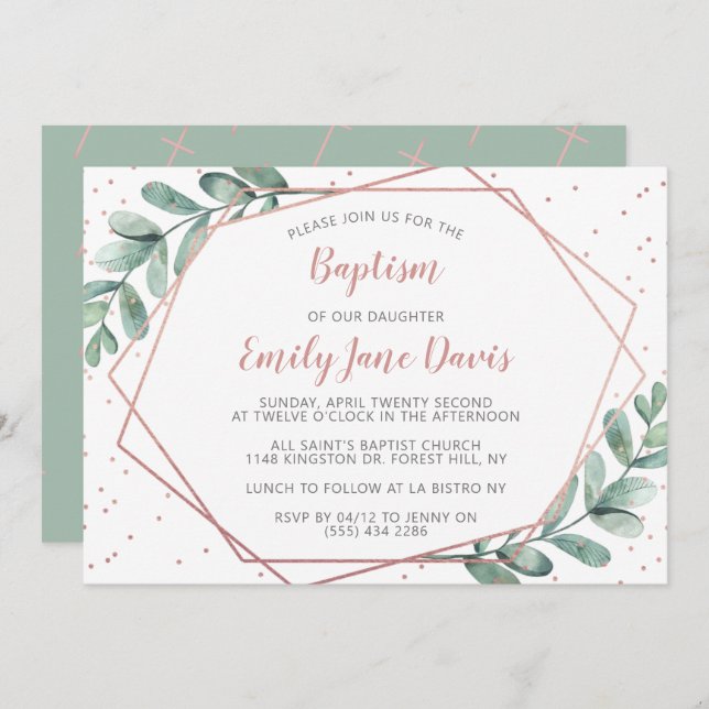 Elegant Eucalyptus Baptism Or Christening Invitation (Front/Back)