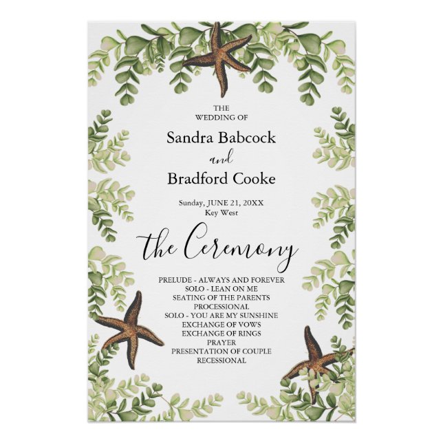 Elegant Eucalyptus Beach Starfish Wedding Program  Poster (Front)