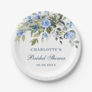 Elegant Eucalyptus Blue Floral Roses Bridal Shower Paper Plate