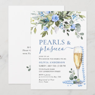 Elegant Eucalyptus Blue Flowers PEARLS & Prosecco Invitation