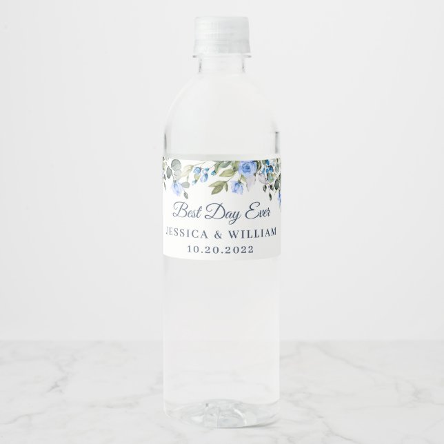 Elegant Eucalyptus Blue Roses Best Day Ever  Water Bottle Label (Front)