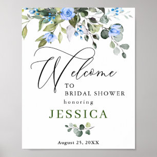 Elegant Eucalyptus Blue Roses Bridal Shower Poster