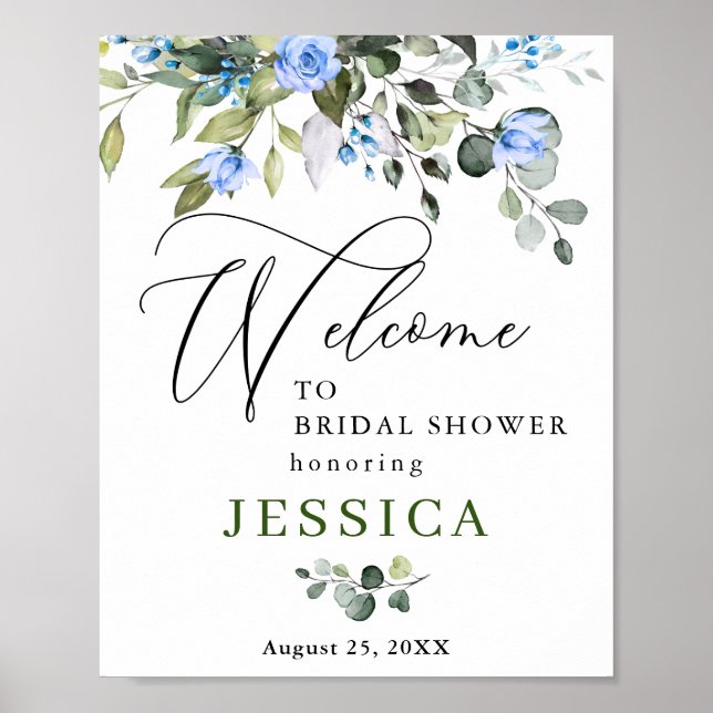 Elegant Eucalyptus Blue Roses Bridal Shower Poster (Front)